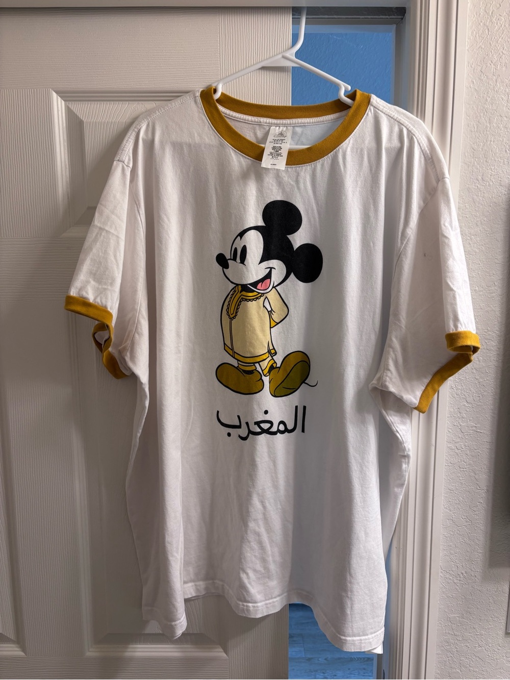 Disney White Mickey Graphic Tee with Mustard Trim and Arabic Script